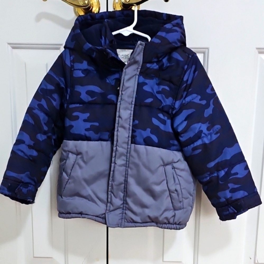 Blue and Gray Camouflage Puffer Jacket
